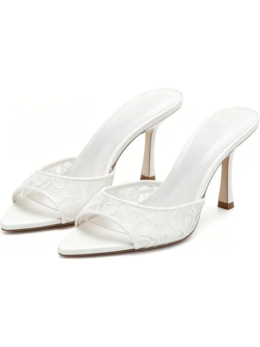 Women's White Heeled Sandals Lace Bride Pointed Open Toe Stiletto High Heels
